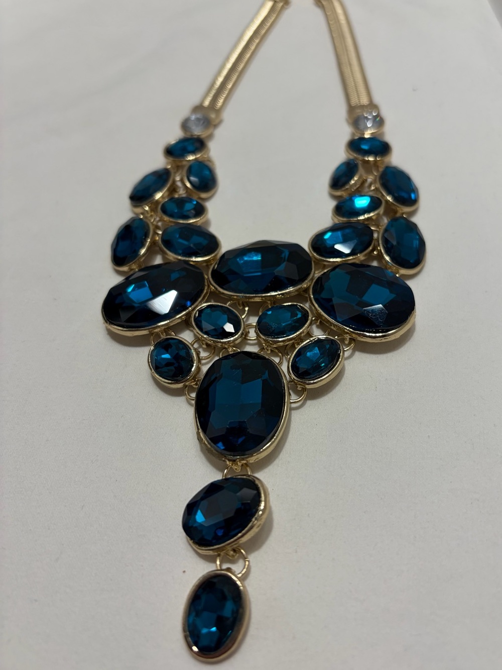 Ever Faith Gold-Tone Necklace with Deep Teal Blue Oval Rhinestones